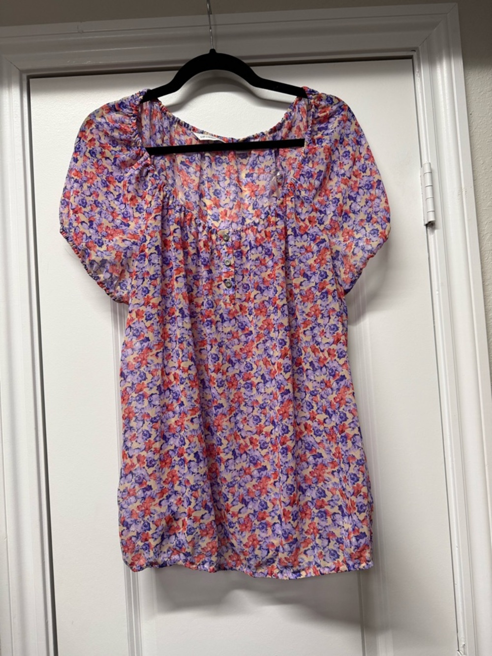 Liz Claiborne Floral Peasant Blouse XL Purple Pink Sheer Lightweight Top